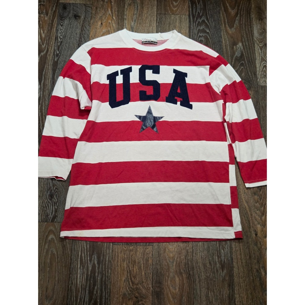 Vintage Diana Marco USA Patriotic Striped Long Sleeve Shirt Red White Blue 14/16